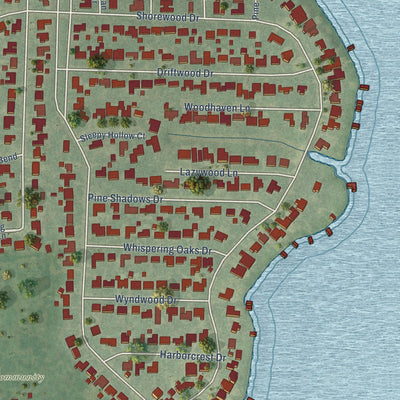 Second close-up of the map of Taylor Lake Village, Texas print showing more streets and buildings