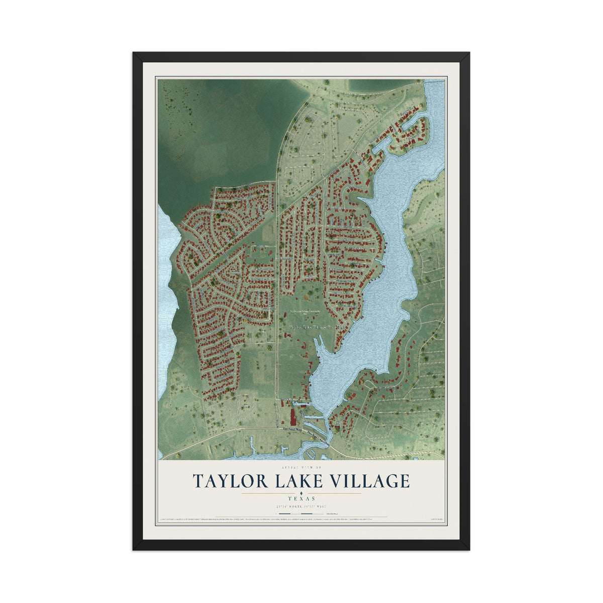 Map of Taylor Lake Village, Texas, 12 x 18 inch print in a black wood frame