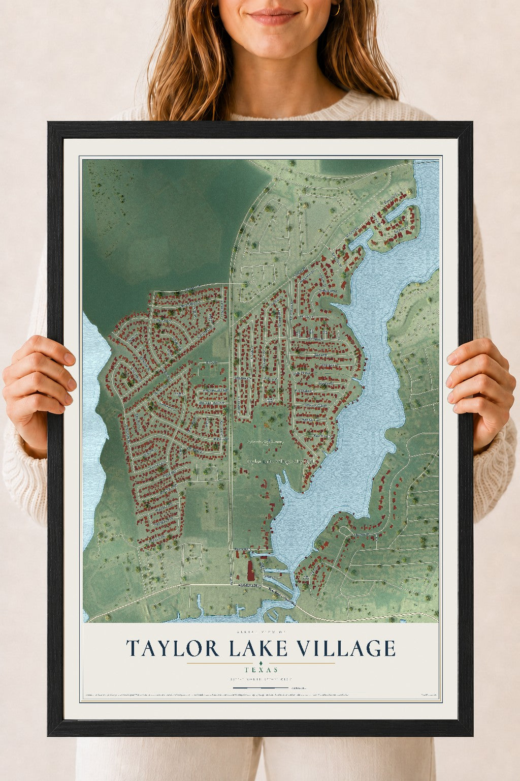 Map of Taylor Lake Village, Texas, 18 x 24 inch print in a black wood frame