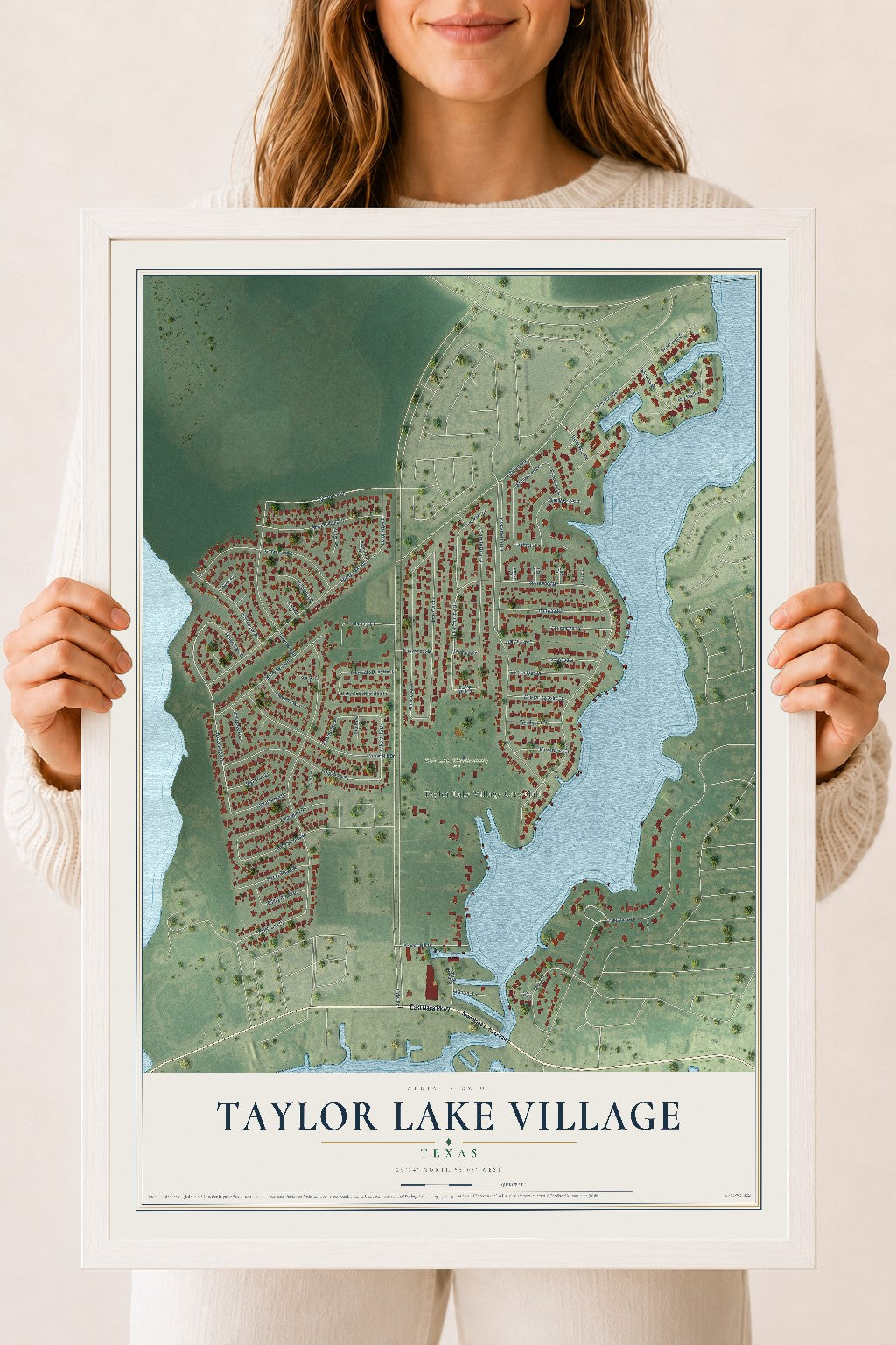 Map of Taylor Lake Village, Texas, 18 x 24 inch print in a white wood frame