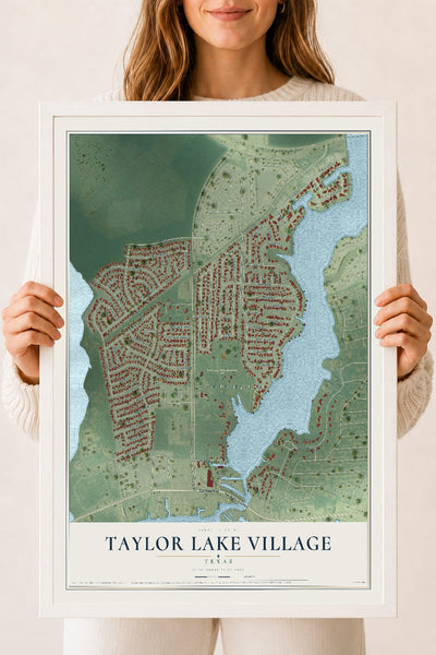 Map of Taylor Lake Village, Texas, 18 x 24 inch print in a white wood frame