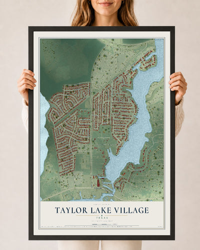 Map of Taylor Lake Village, Texas, 24 x 36 inch print in a black wood frame