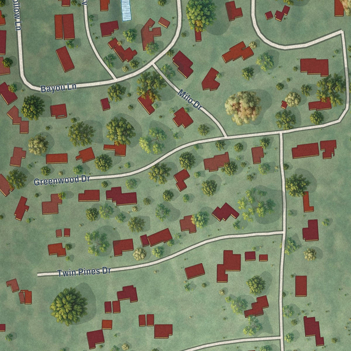 Close-up of the map of Taylor Landing, Texas print showing street and building detail