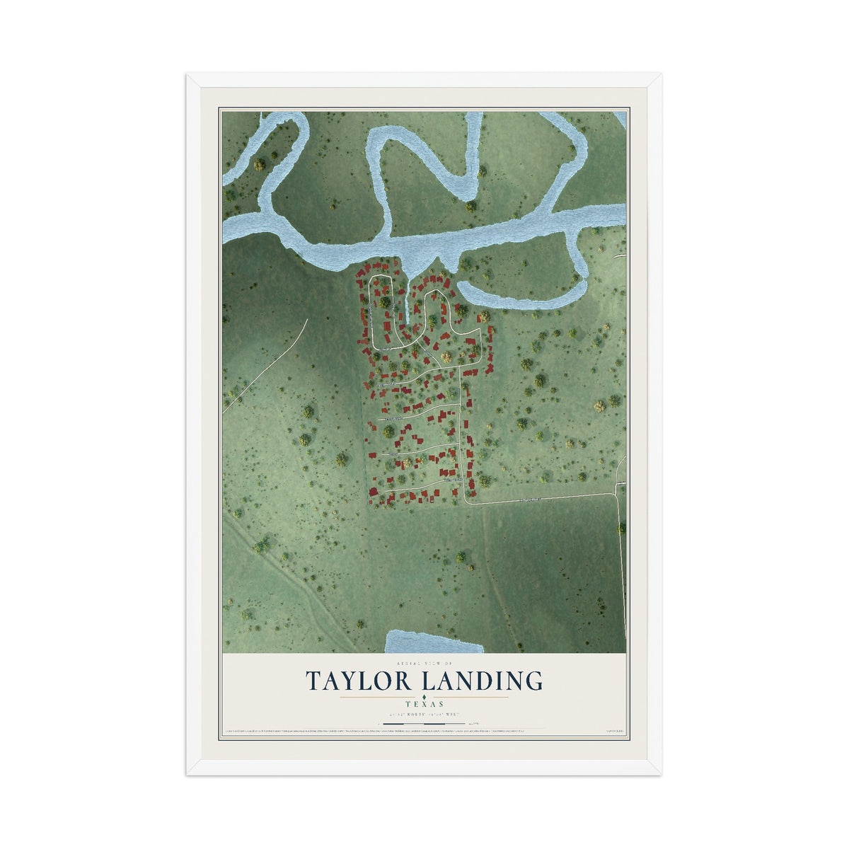 Map of Taylor Landing, Texas, 12 x 18 inch print in a white wood frame