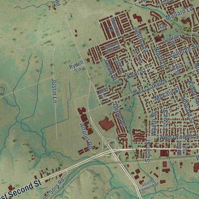 Close-up of the map of Taylor, Texas print showing street and building detail
