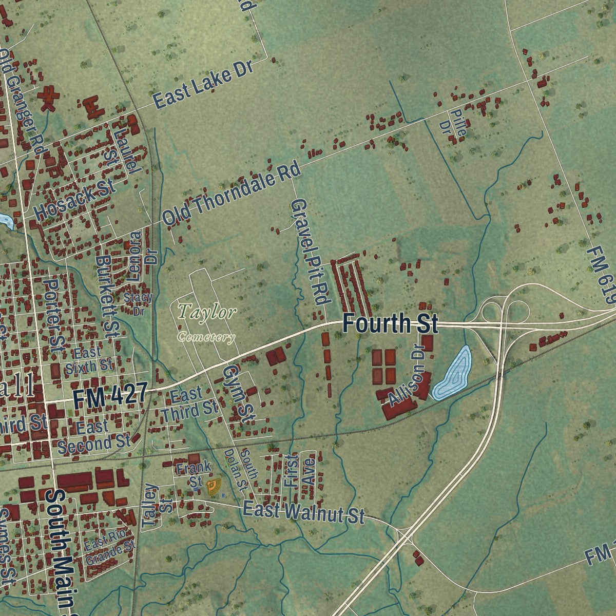 Second close-up of the map of Taylor, Texas print showing more streets and buildings