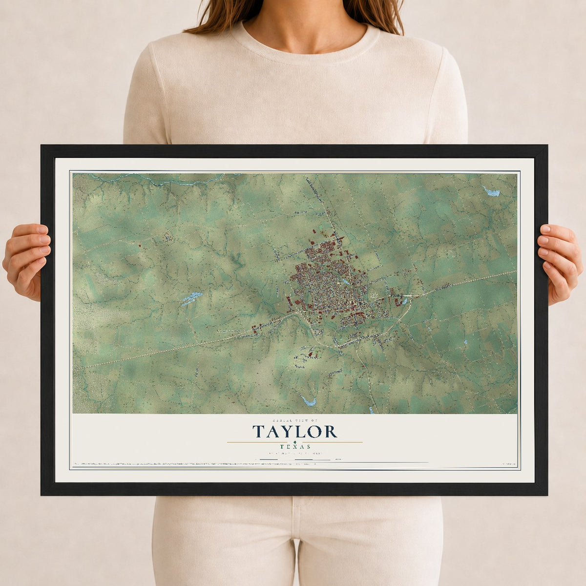 Map of Taylor, Texas, 12 x 18 inch print in a black wood frame