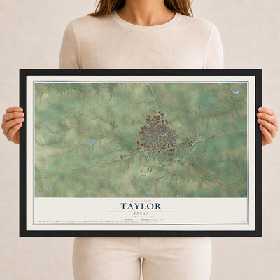 Map of Taylor, Texas, 12 x 18 inch print in a black wood frame