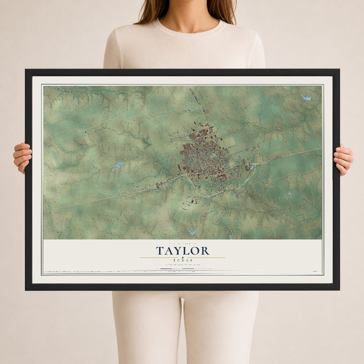 Map of Taylor, Texas, 24 x 36 inch print in a black wood frame
