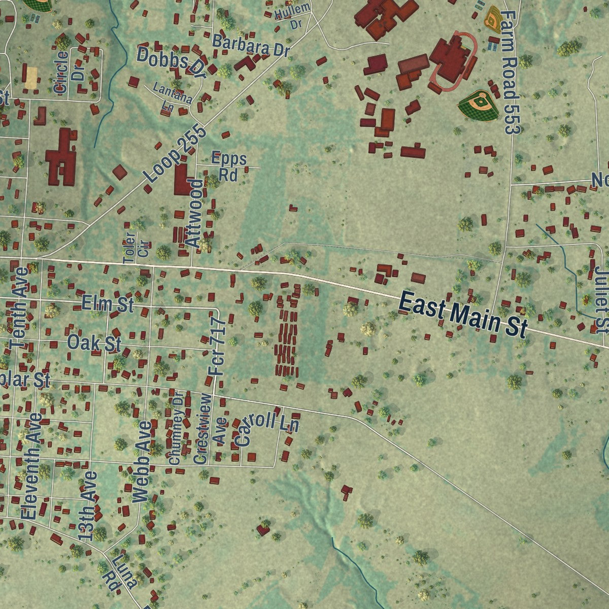Close-up of the map of Teague, Texas print showing street and building detail