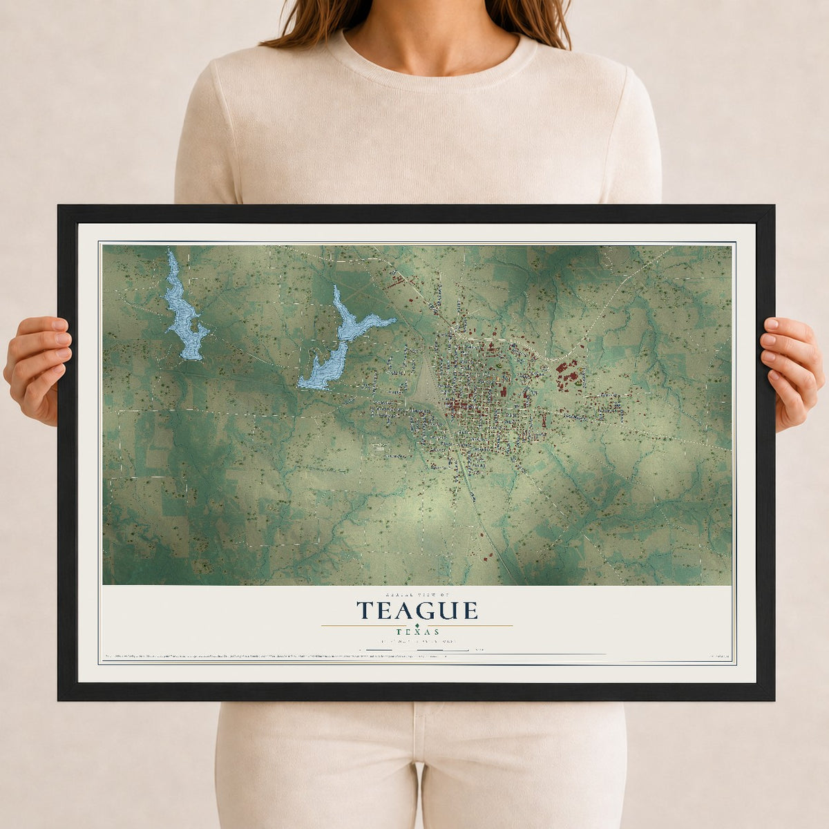 Map of Teague, Texas, 12 x 18 inch print in a black wood frame