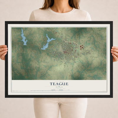 Map of Teague, Texas, 18 x 24 inch print in a black wood frame
