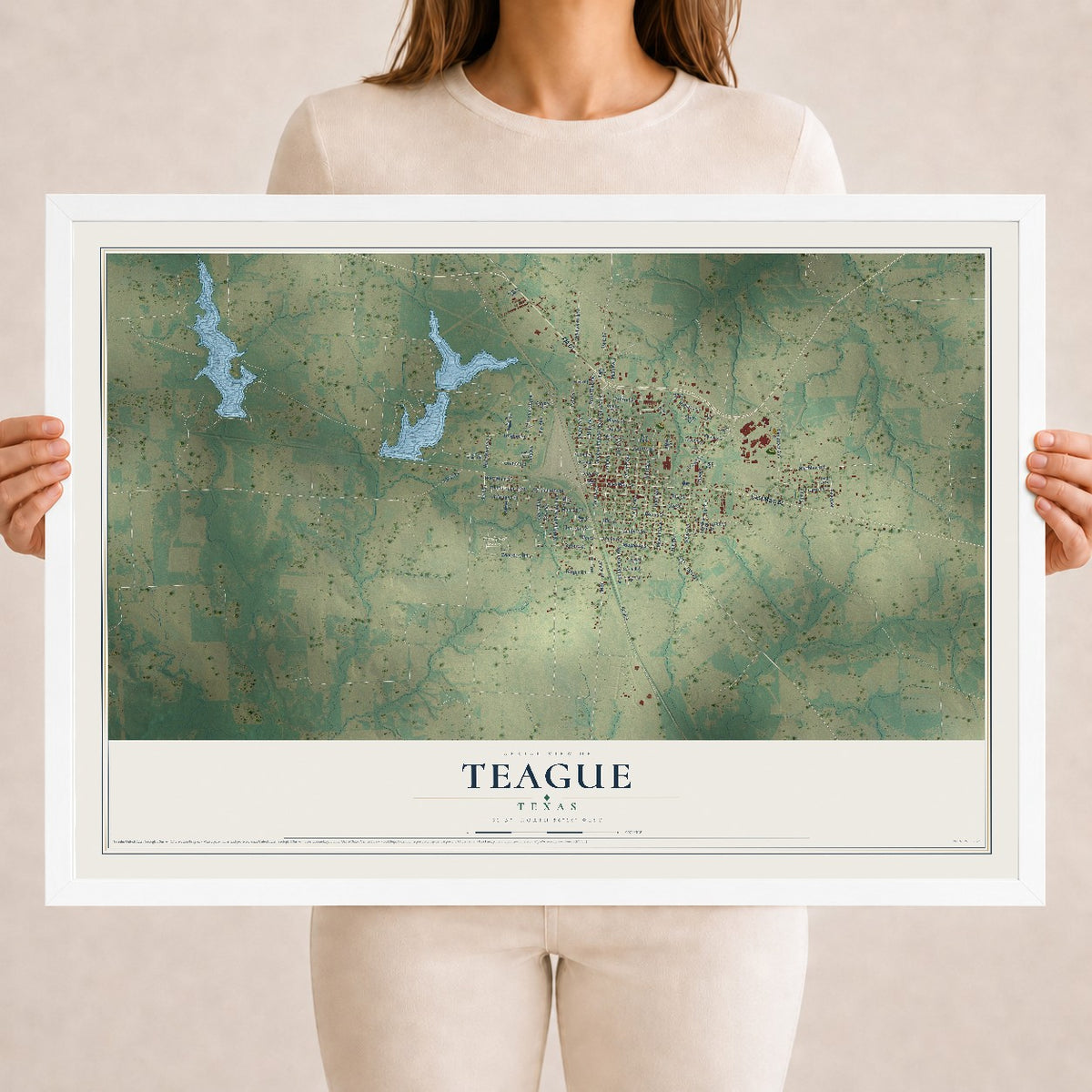 Map of Teague, Texas, 18 x 24 inch print in a white wood frame