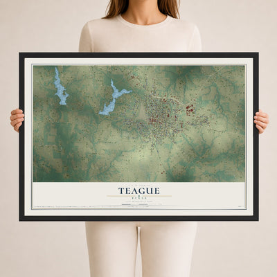 Map of Teague, Texas, 24 x 36 inch print in a black wood frame