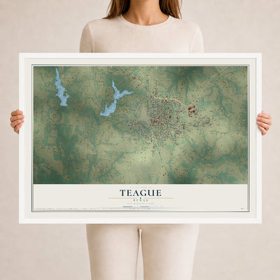 Map of Teague, Texas, 24 x 36 inch print in a white wood frame