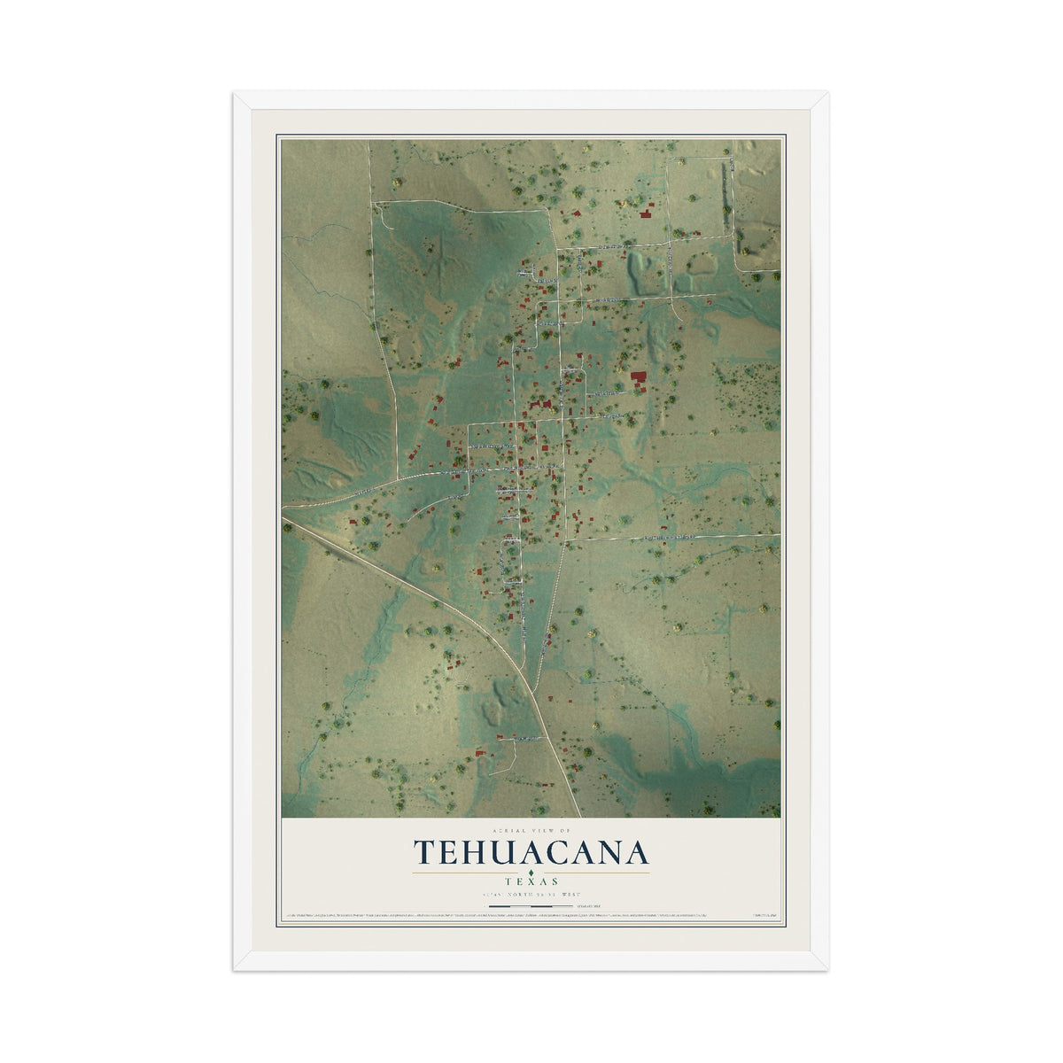 Map of Tehuacana, Texas, 12 x 18 inch print in a white wood frame