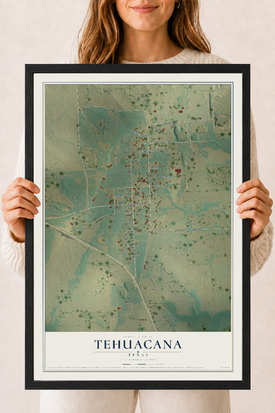 Map of Tehuacana, Texas, 18 x 24 inch print in a black wood frame