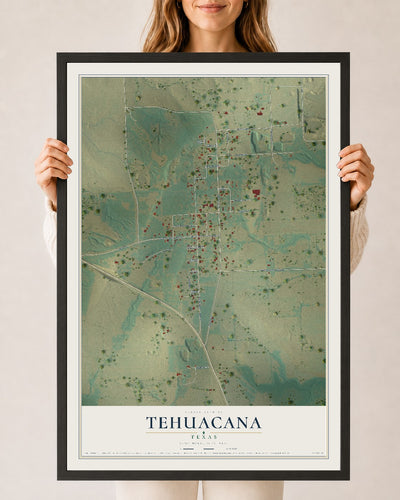Map of Tehuacana, Texas, 24 x 36 inch print in a black wood frame