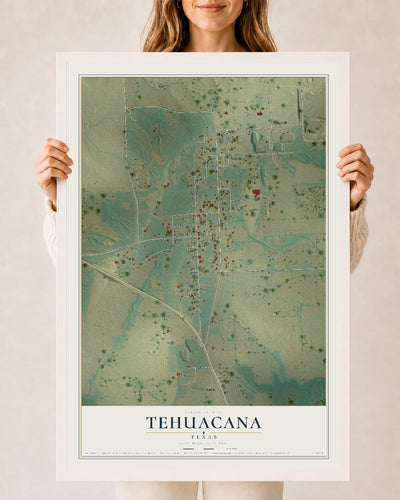 Map of Tehuacana, Texas, 24 x 36 inch print in a white wood frame