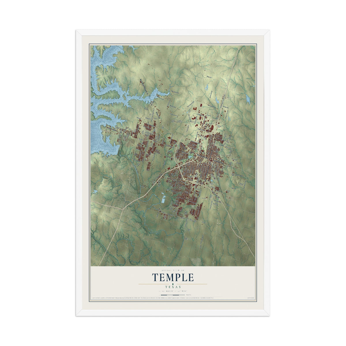 Map of Temple, Texas, 12 x 18 inch print in a white wood frame
