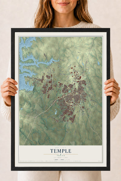 Map of Temple, Texas, 18 x 24 inch print in a black wood frame