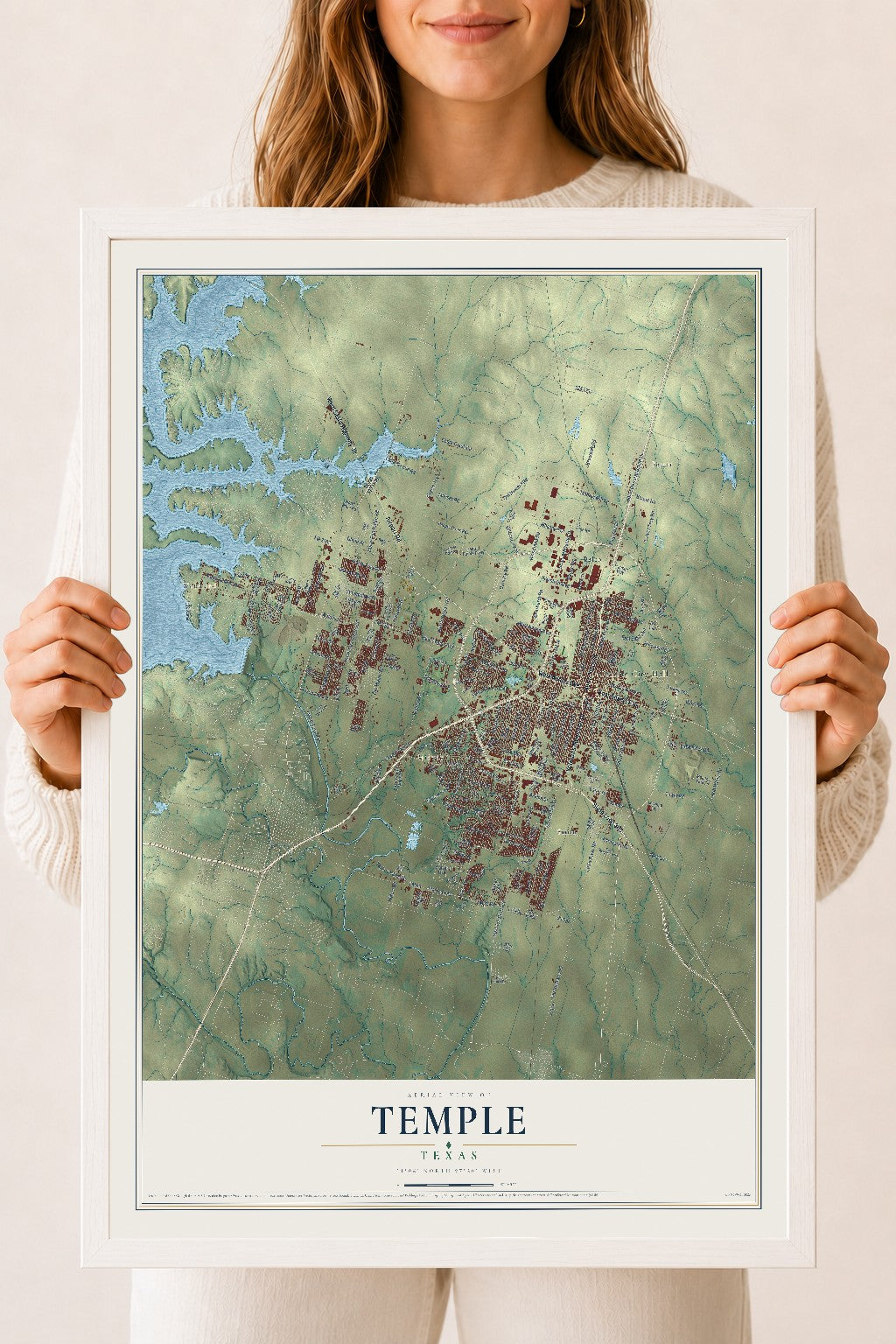 Map of Temple, Texas, 18 x 24 inch print in a white wood frame