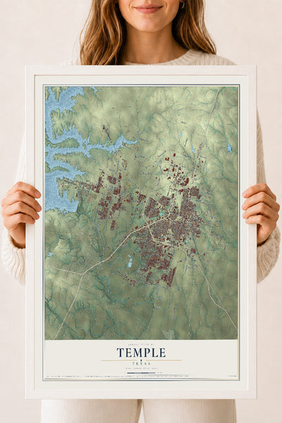 Map of Temple, Texas, 18 x 24 inch print in a white wood frame