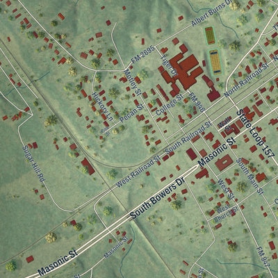 Close-up of the map of Tenaha, Texas print showing street and building detail