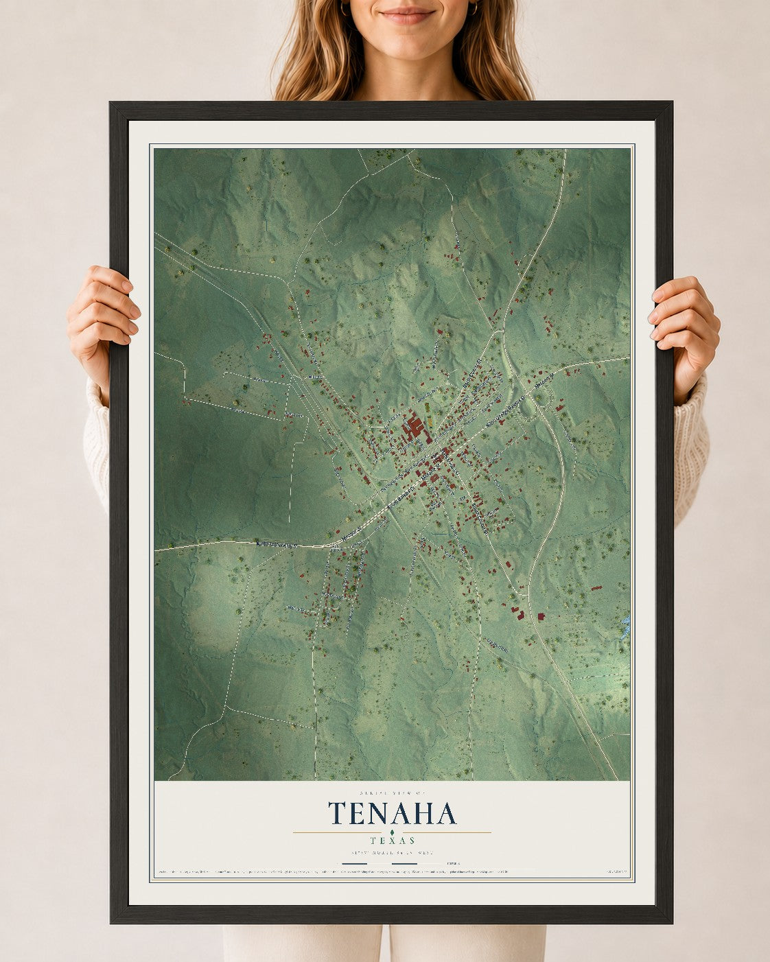 Map of Tenaha, Texas, 24 x 36 inch print in a black wood frame