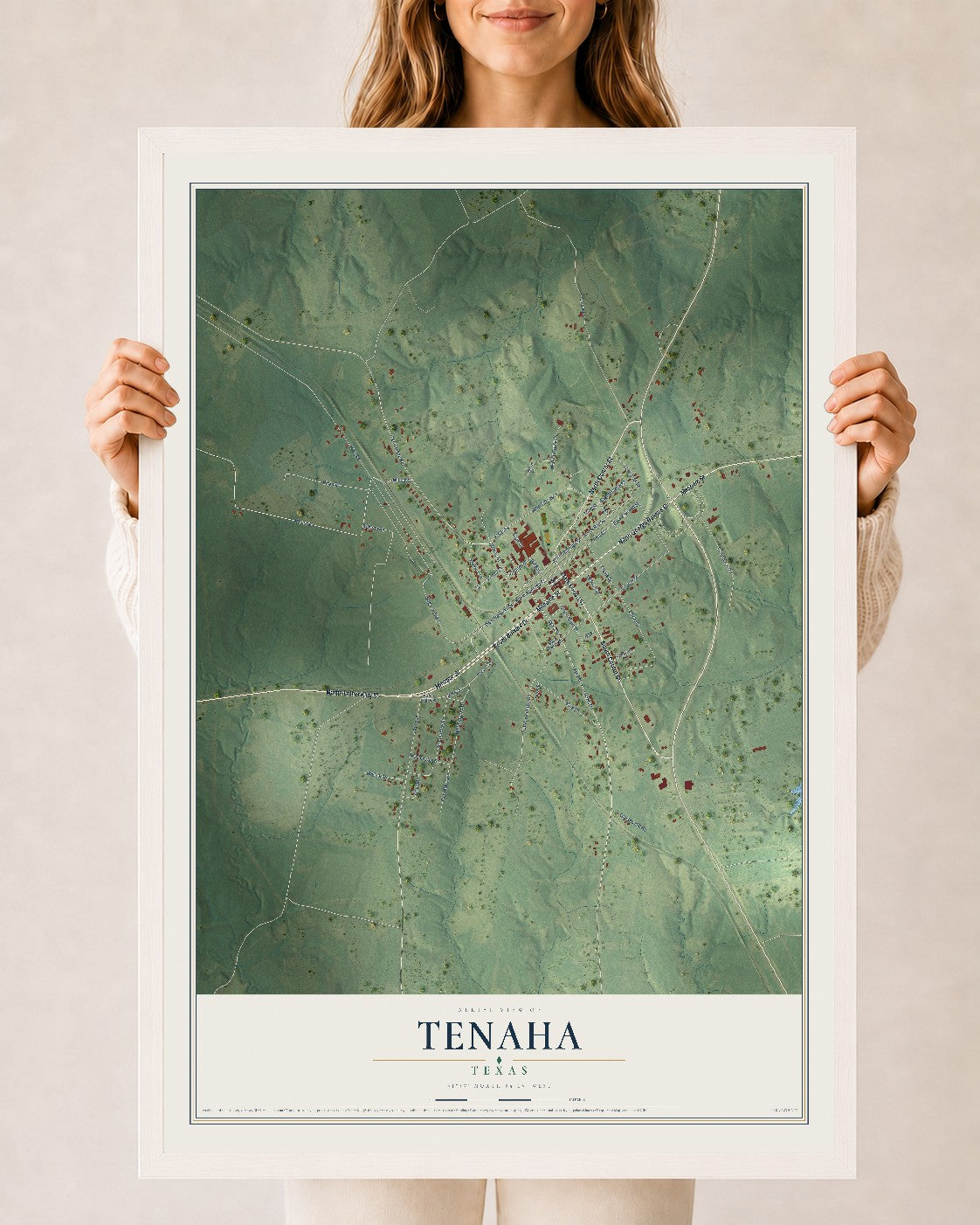 Map of Tenaha, Texas, 24 x 36 inch print in a white wood frame