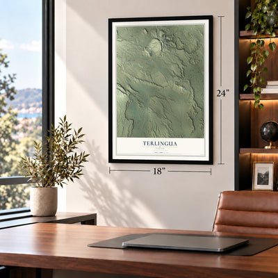 Terlingua, Texas map, 18 x 24 inch print in a black frame in a home office