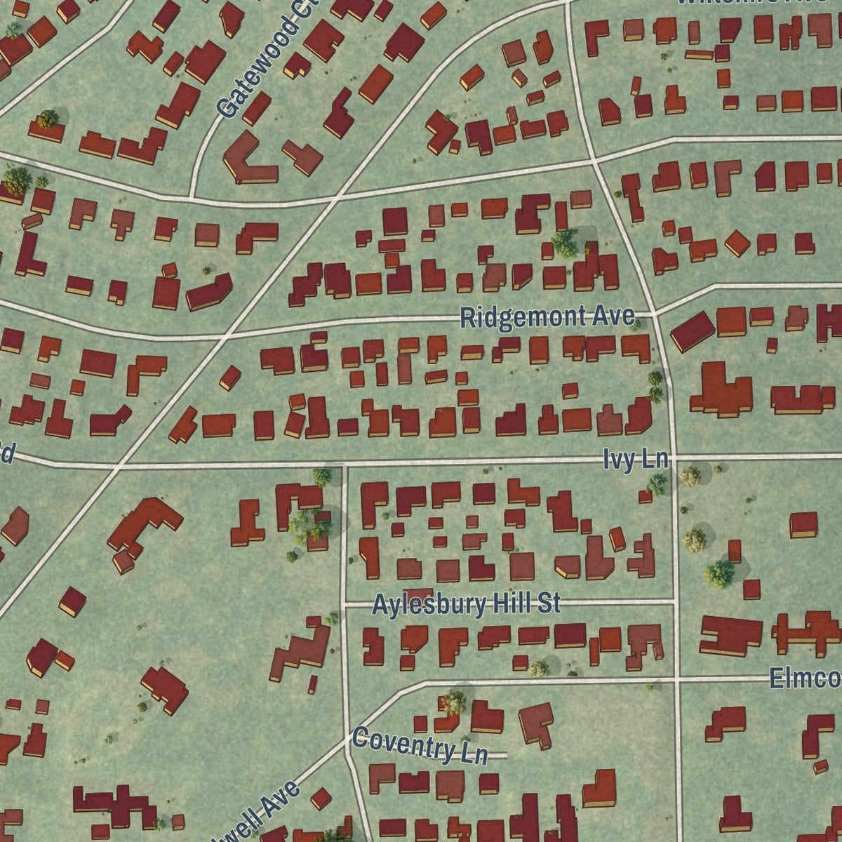 Second close-up of the map of Terrell Hills, Texas print showing more streets and buildings