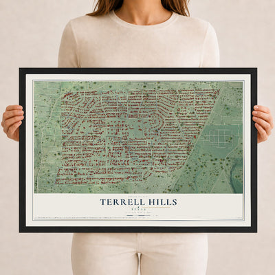 Map of Terrell Hills, Texas, 12 x 18 inch print in a black wood frame