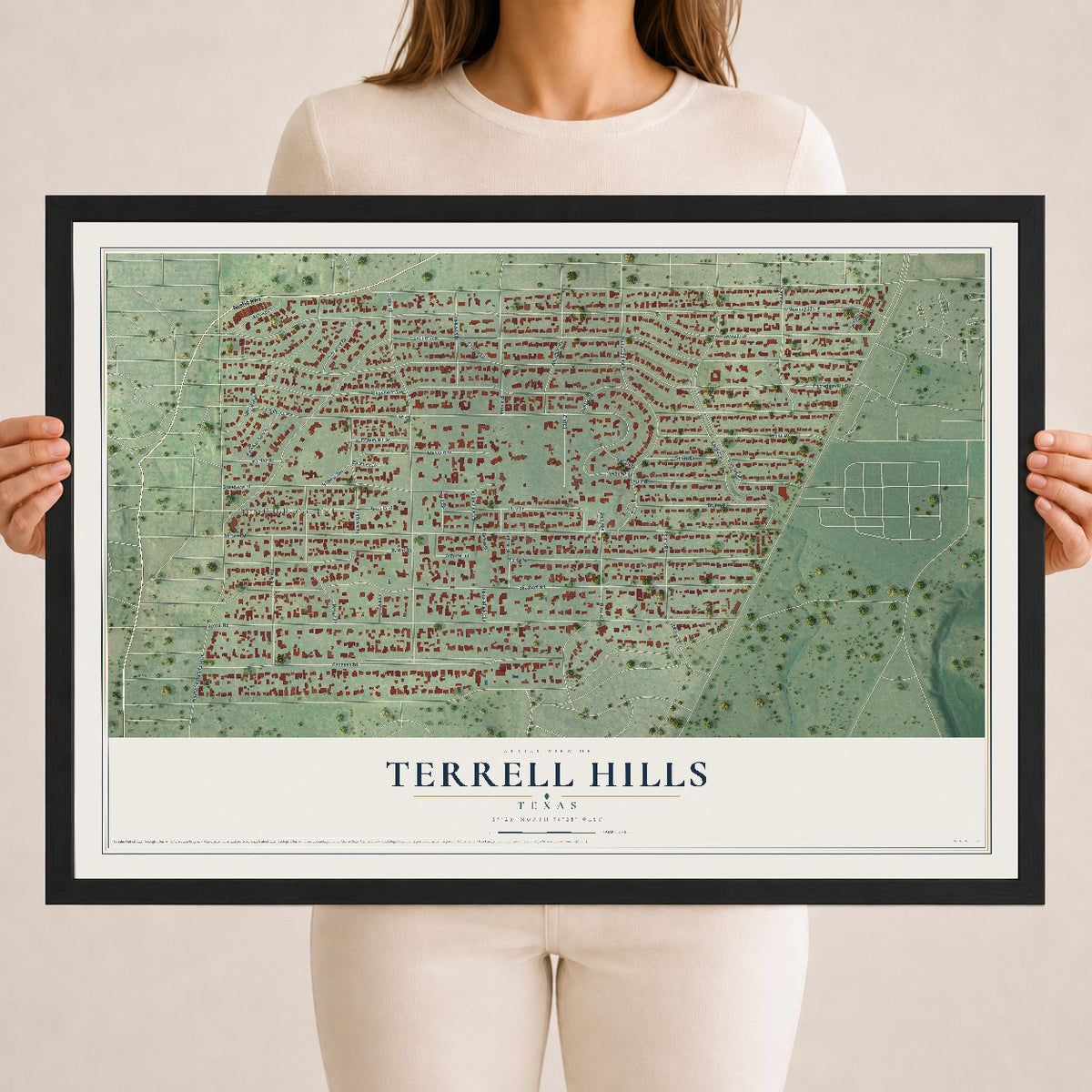 Map of Terrell Hills, Texas, 18 x 24 inch print in a black wood frame