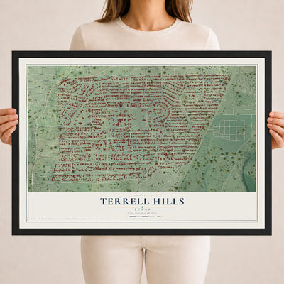 Map of Terrell Hills, Texas, 18 x 24 inch print in a black wood frame