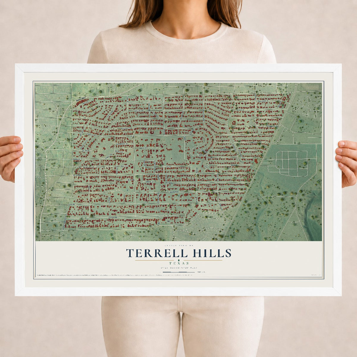 Map of Terrell Hills, Texas, 18 x 24 inch print in a white wood frame