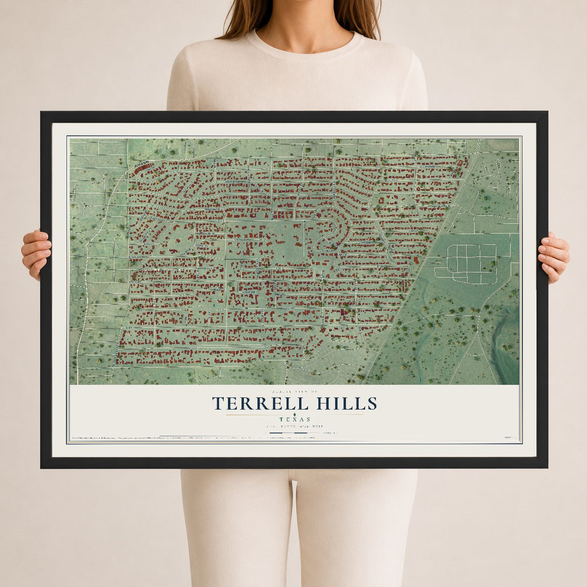 Map of Terrell Hills, Texas, 24 x 36 inch print in a black wood frame