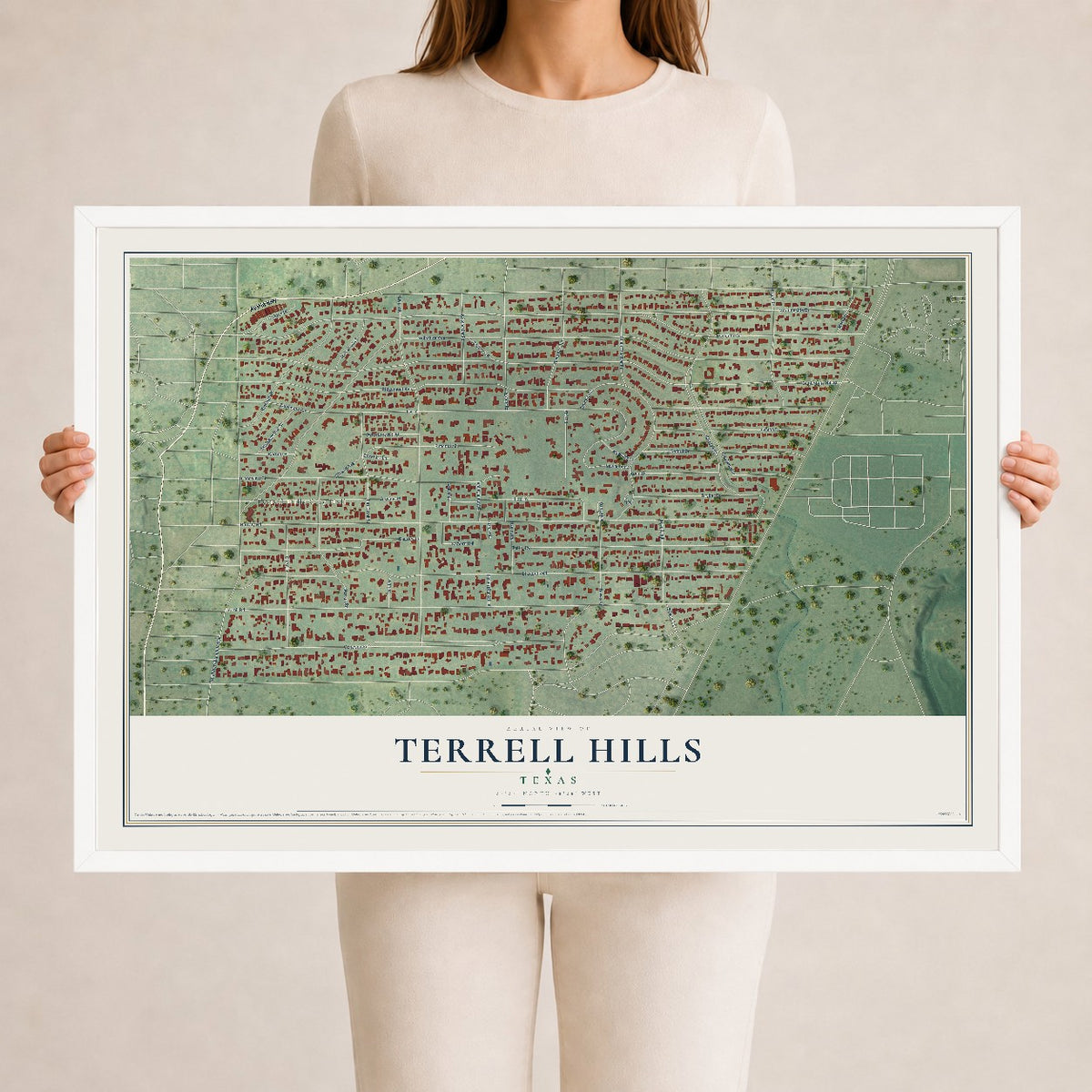 Map of Terrell Hills, Texas, 24 x 36 inch print in a white wood frame
