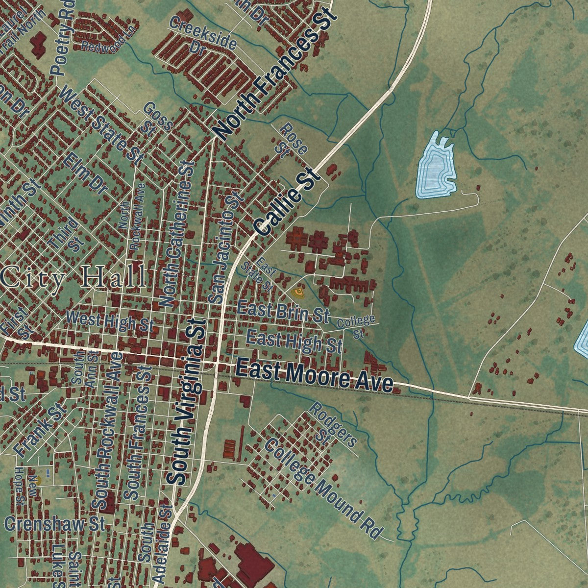 Close-up of the map of Terrell, Texas print showing street and building detail
