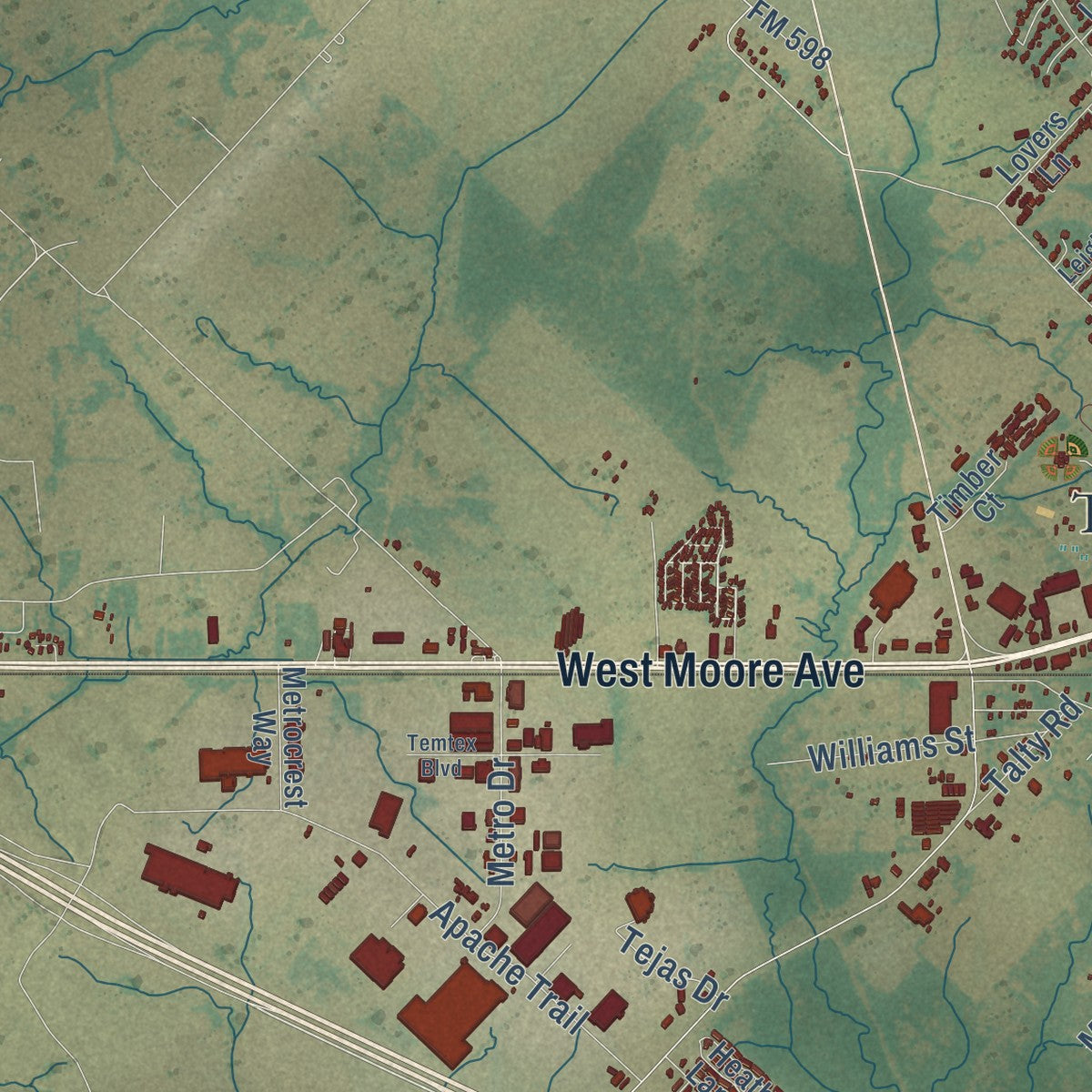Second close-up of the map of Terrell, Texas print showing more streets and buildings
