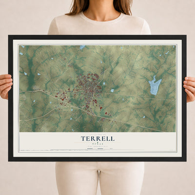 Map of Terrell, Texas, 18 x 24 inch print in a black wood frame