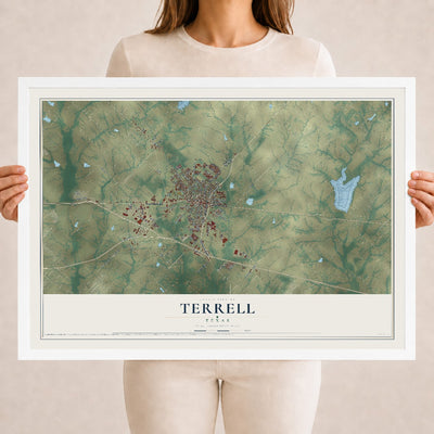 Map of Terrell, Texas, 18 x 24 inch print in a white wood frame