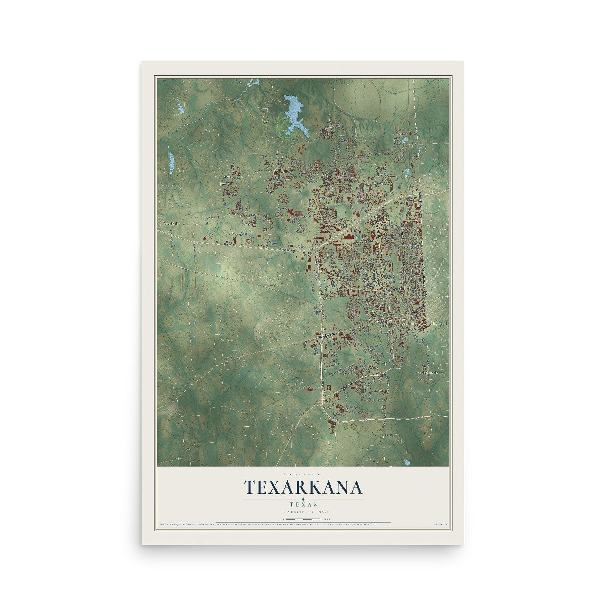 Map of Texarkana, Texas, 12 x 18 inch unframed archival matte print