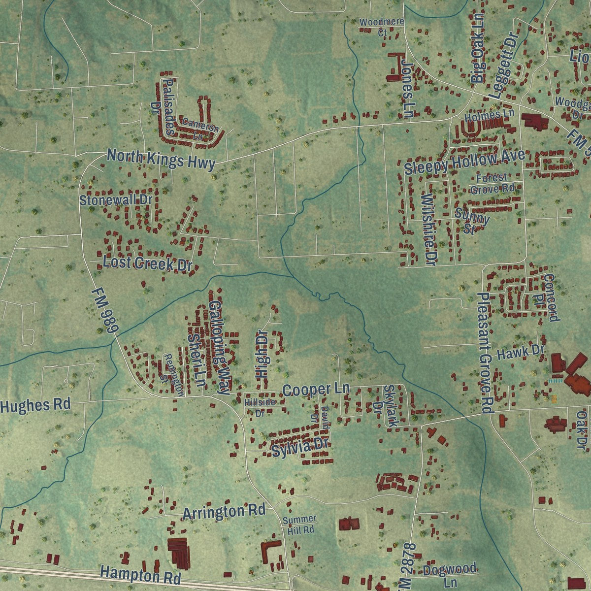 Second close-up of the map of Texarkana, Texas print showing more streets and buildings