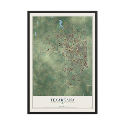 Map of Texarkana, Texas, 12 x 18 inch print in a black wood frame