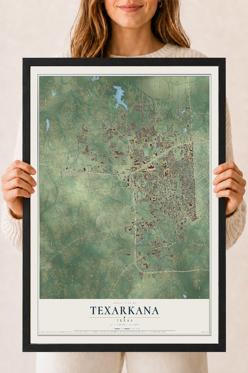 Map of Texarkana, Texas, 18 x 24 inch print in a black wood frame
