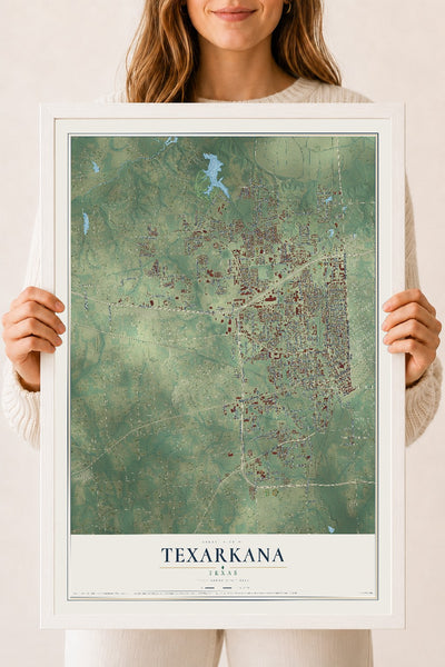 Map of Texarkana, Texas, 18 x 24 inch print in a white wood frame