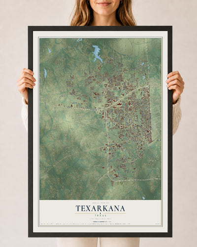 Map of Texarkana, Texas, 24 x 36 inch print in a black wood frame