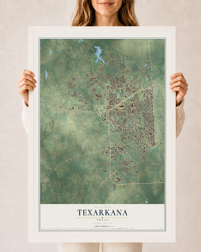 Map of Texarkana, Texas, 24 x 36 inch print in a white wood frame