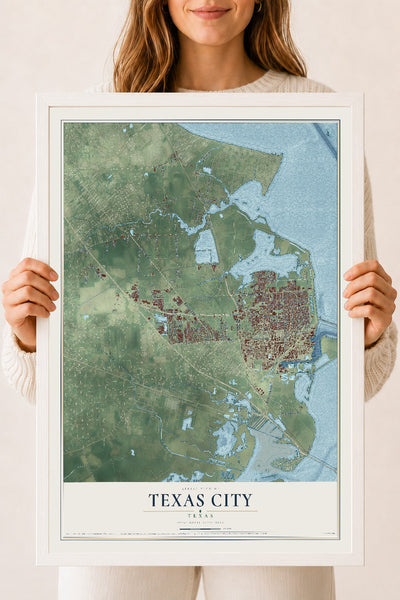 Map of Texas City, Texas, 18 x 24 inch print in a white wood frame